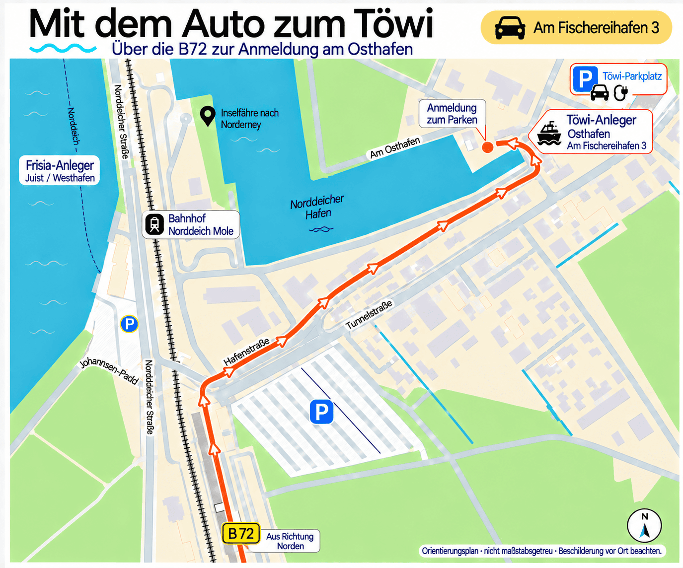 Anreiseplan fürs Auto über B72 und Hafenstraße zur Anmeldung zum Parken am Töwi-Anleger im Osthafen.